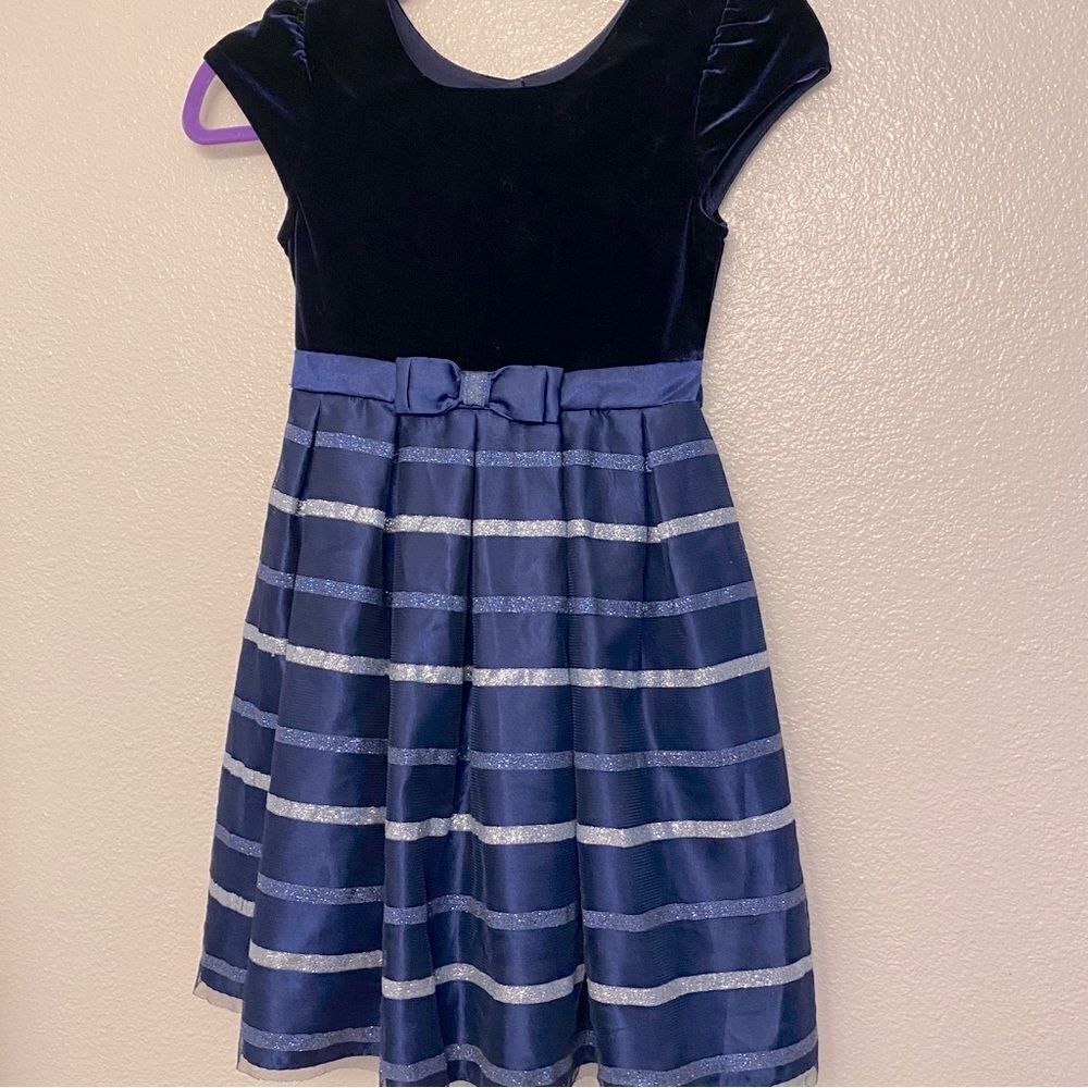 Jona Michelle navy blue velvet stripe holiday Christmas formal Dress girls 7